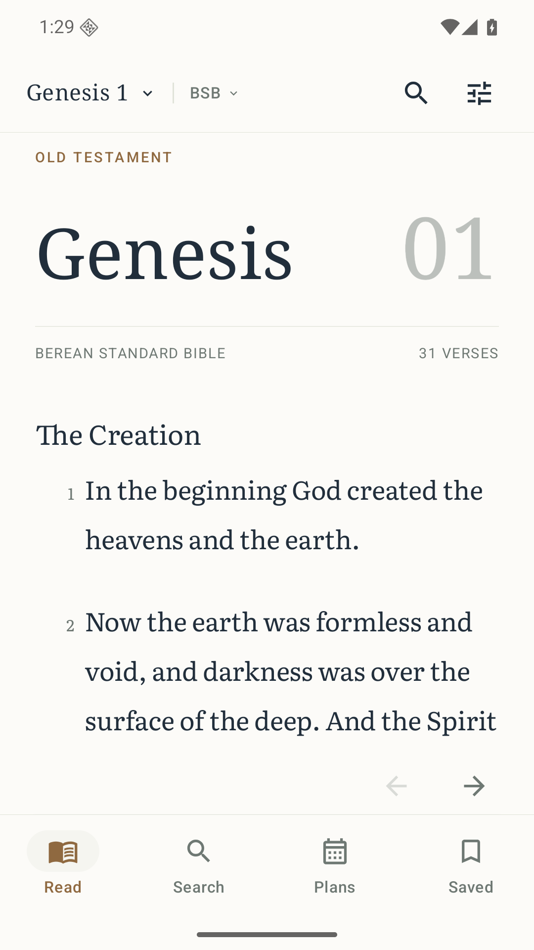 OpenBible’s Android reader showing Genesis 1, with reading preferences, search, and saved passages within reach.
