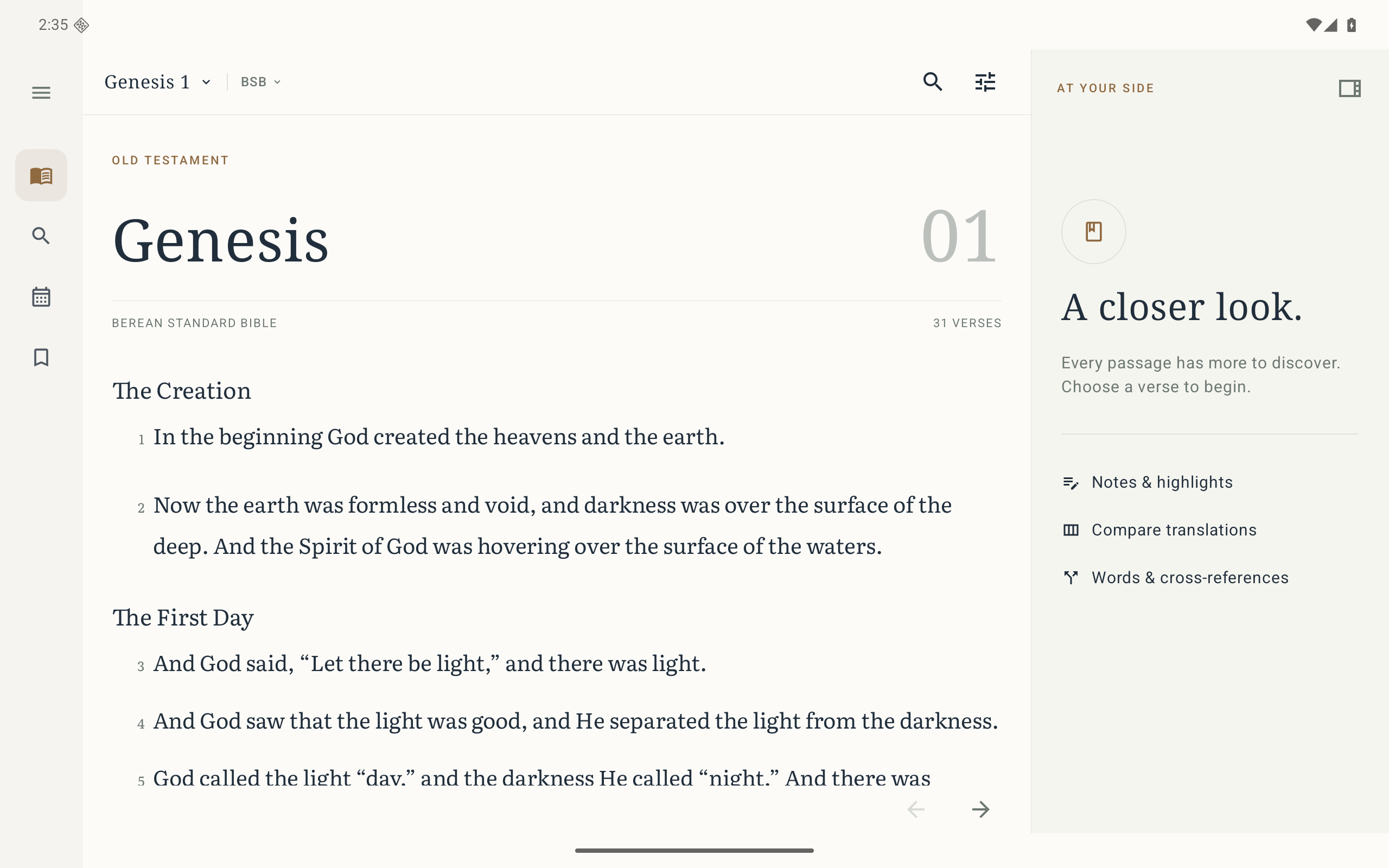OpenBible on an Android tablet, with the navigation collapsed into a slim icon rail and study tools beside the reading page.